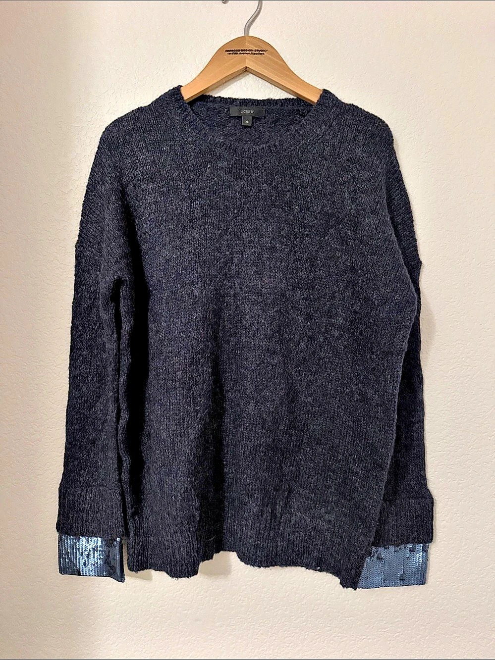 J.Crew Sequin-Cuff Sweater Textured Crewneck Navy Blue XS